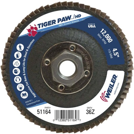 Weiler 4-1/2" Tiger Paw Density Flap Disc, Flat (TY27), 36Z, 5/8"-11 UNC 51164